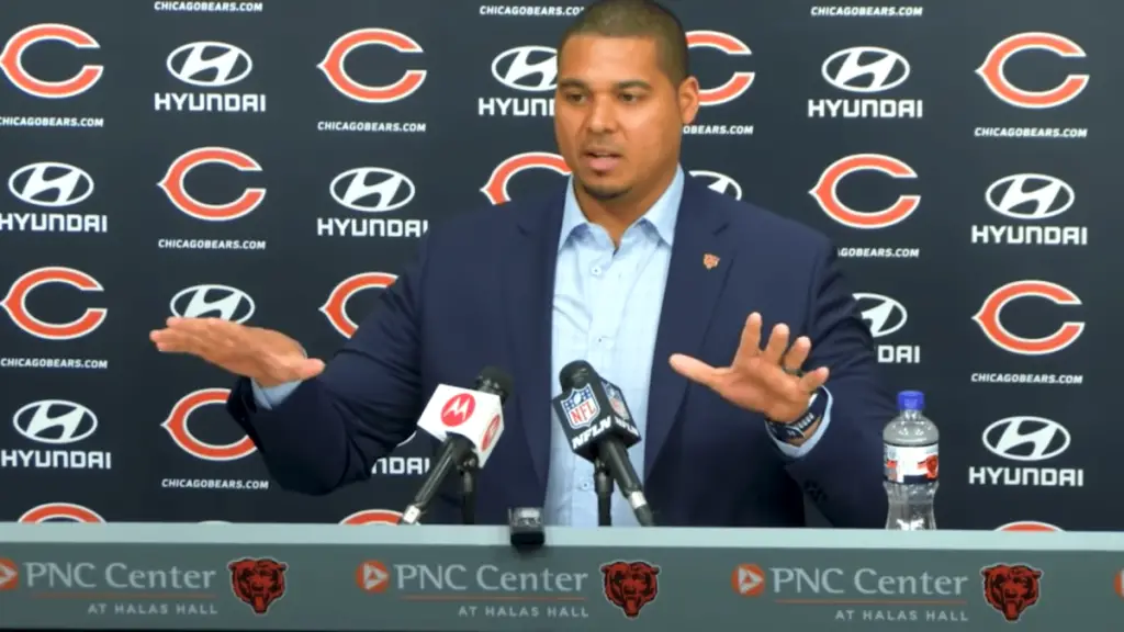 Chicago Bears GM Ryan Poles speaks to the media.