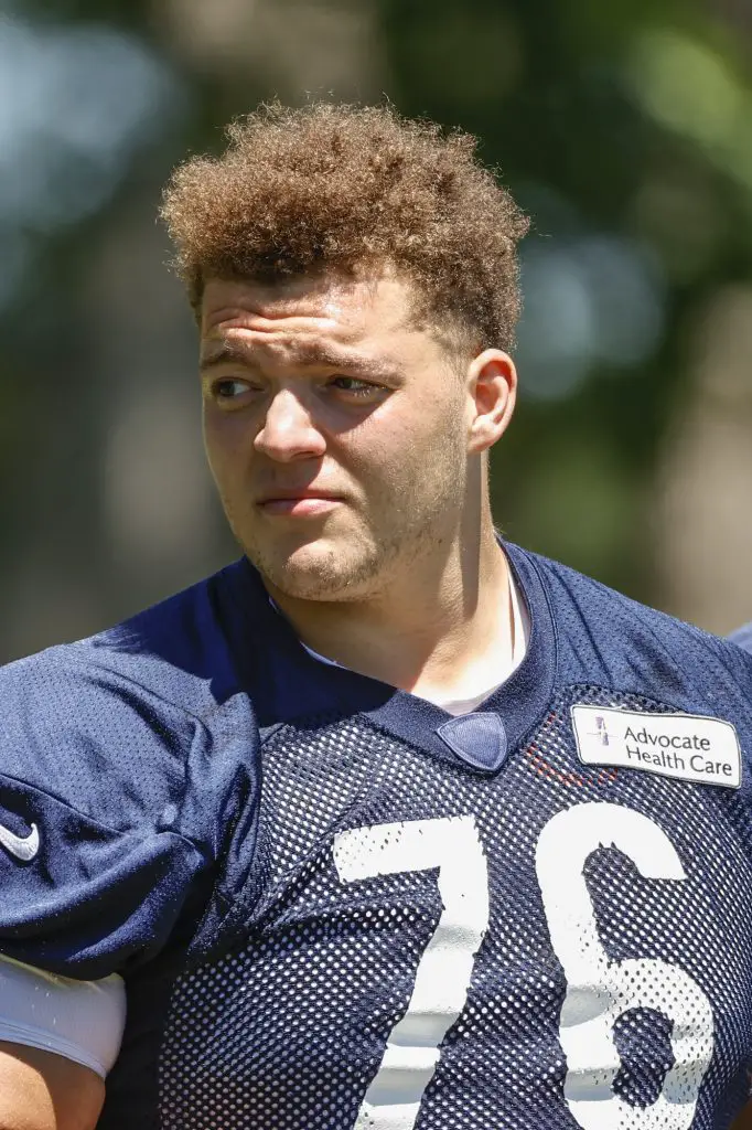 Jun 16, 2021; Lake Forest, Illinois, USA; Chicago Bears Teven Jenkins looks on during minicamp at Halas Hall. Mandatory Credit: Kamil Krzaczynski-USA TODAY Sports