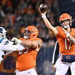 Chicago Bears quarterback Tyson Bagent throws a pass against the Carolina Panthers defense.