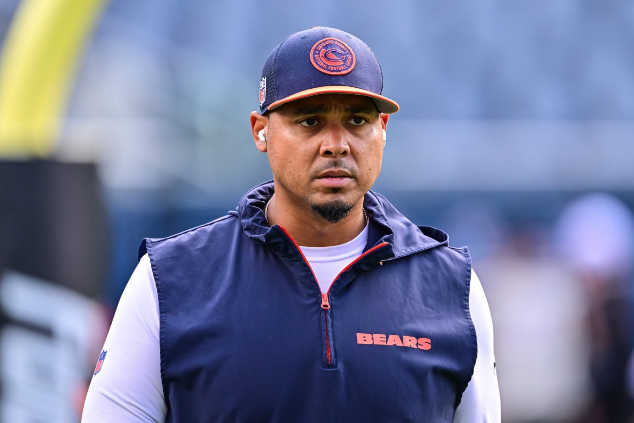 Chicago Bears general manager Ryan Poles looks on before the game against the Cincinnati Bengals at Soldier Field. 