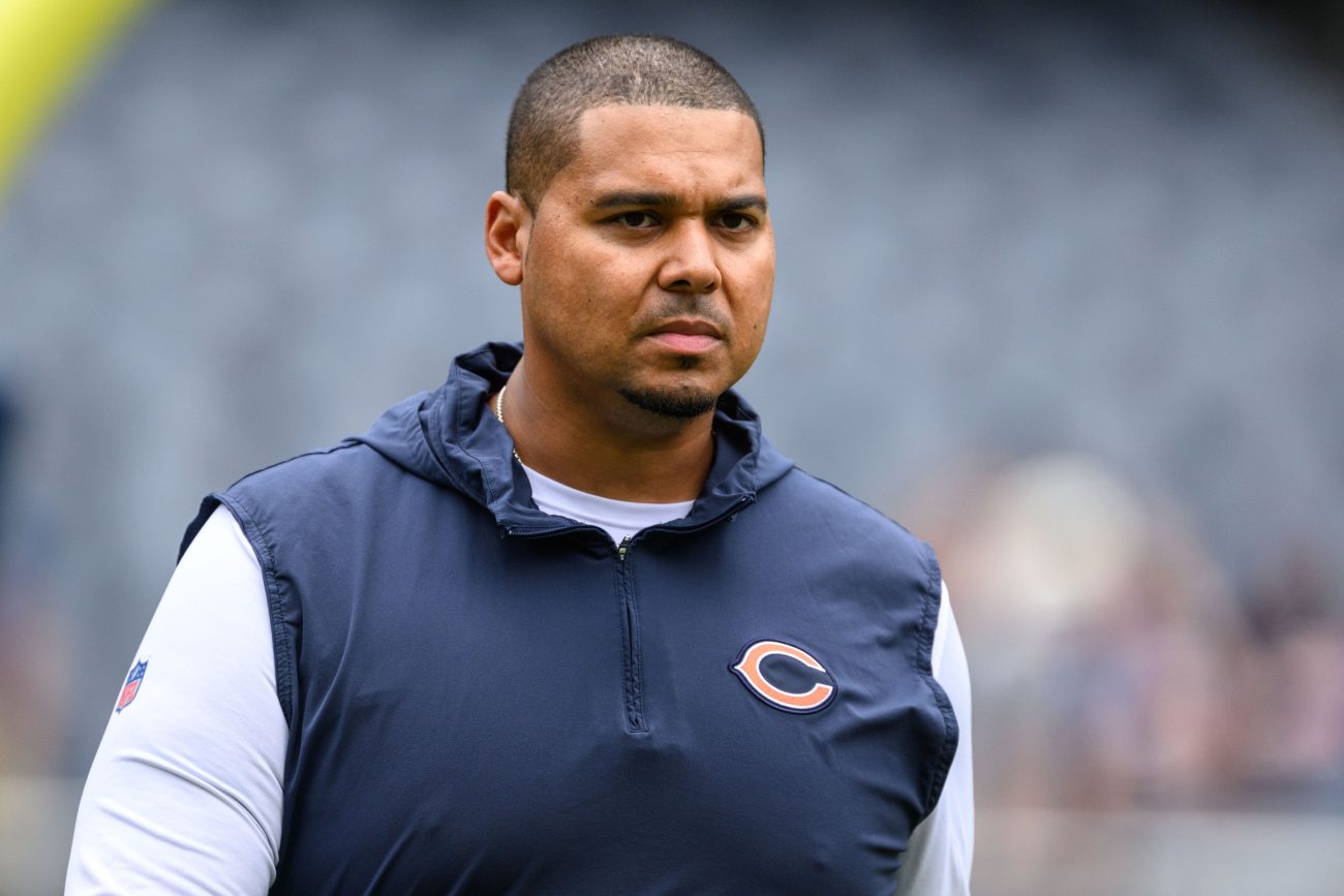 Chicago Bears general manager Ryan Poles looks on before a game against the Buffalo Bills at Soldier Field.