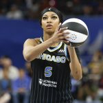 Jun 4, 2024; Chicago, Illinois, USA; Chicago Sky forward Angel Reese (5) shoots a free throw against the New York Liberty during the second half of a WNBA game at Wintrust Arena. Mandatory Credit: Kamil Krzaczynski-Imagn Images