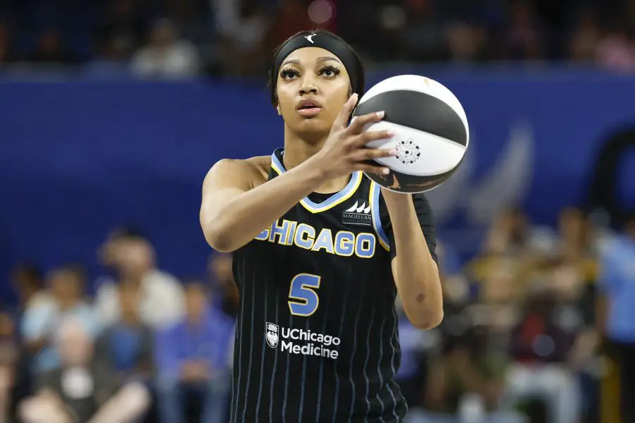 Jun 4, 2024; Chicago, Illinois, USA; Chicago Sky forward Angel Reese (5) shoots a free throw against the New York Liberty during the second half of a WNBA game at Wintrust Arena. Mandatory Credit: Kamil Krzaczynski-Imagn Images