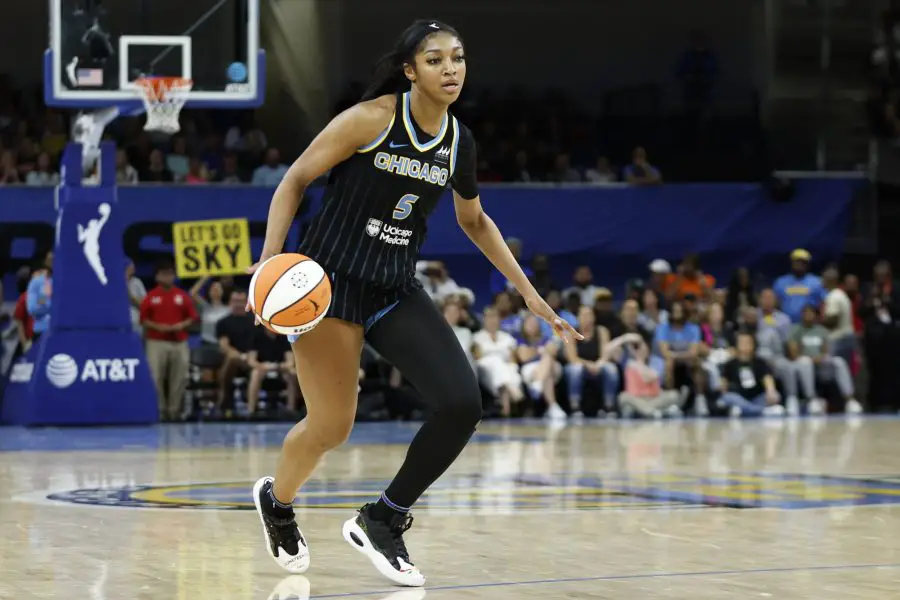 Jun 23, 2024; Chicago, Illinois, USA; Chicago Sky forward Angel Reese (5) drives to the basket against the Indiana Fever during the second half of a basketball game at Wintrust Arena. Mandatory Credit: Kamil Krzaczynski-Imagn Images