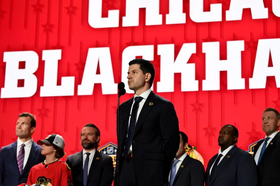 Chicago Blackhawks general manager Kyle Davidson makes the nineteenth pick in round one of the 2023 NHL Draft at Bridgestone Arena.