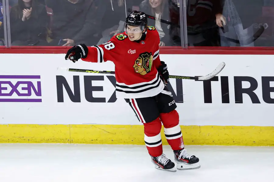 Chicago Blackhawks center Connor Bedard (98) celebrates after scoring against the Colorado Avalanche during the third period at United Center.