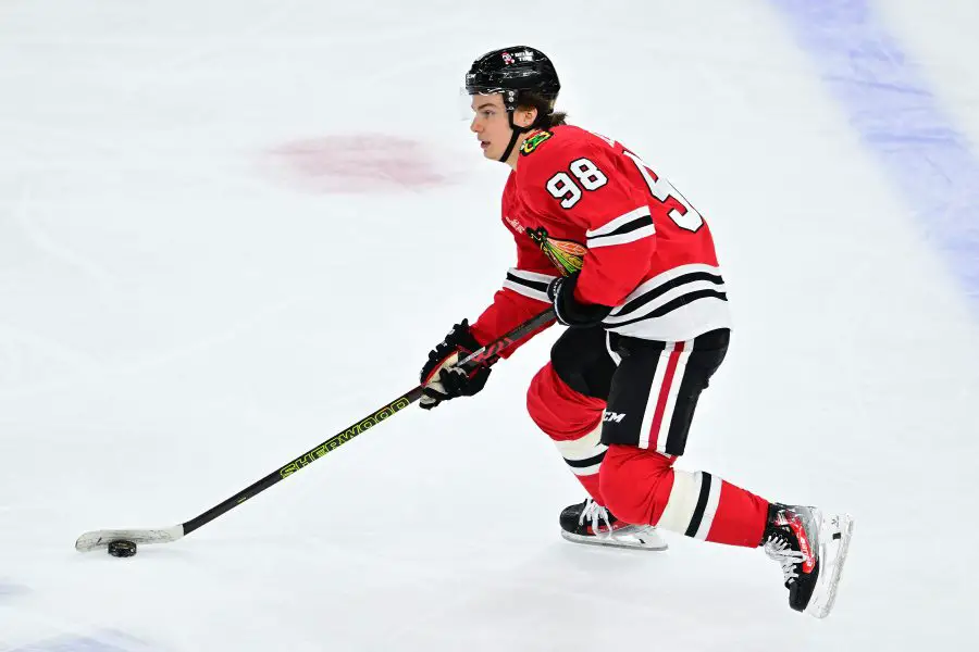 Chicago Blackhawks center Connor Bedard (98) skates with the puck against the Tampa Bay Lightning