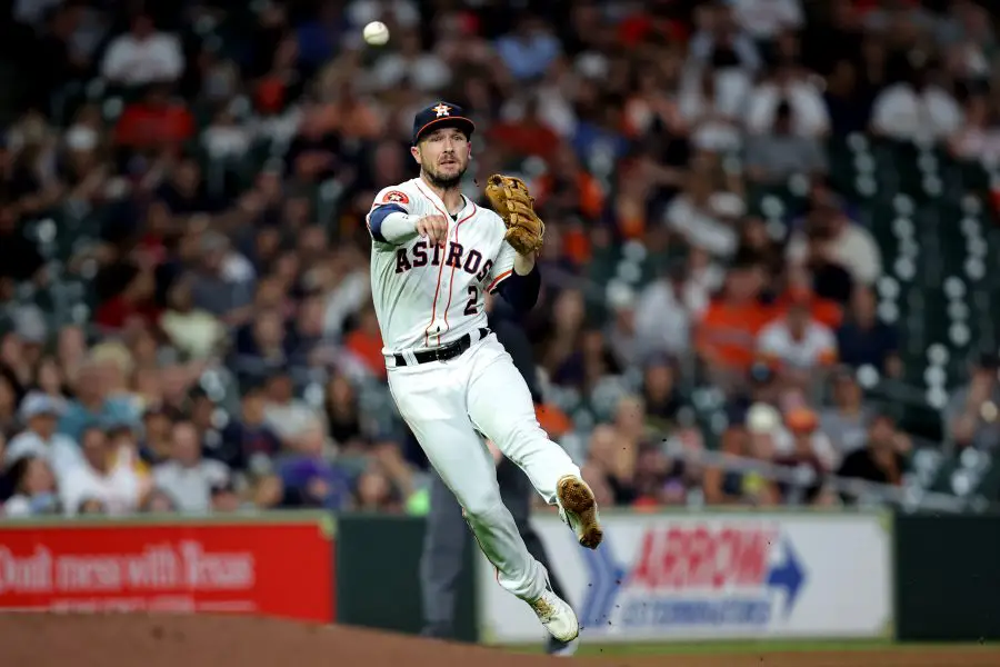 ouston Astros third baseman Alex Bregman (2) throws to first base for an out against the Pittsburgh Pirates during the sixth inning at Minute Maid Park