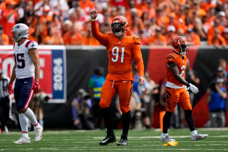 Cincinnati Bengals defensive end Trey Hendrickson (91) celebrates after a false start penalty on the Patriots in the first quarter of the NFL Week 1 game between the Cincinnati Bengals and the New England Patriots at Paycor Stadium.