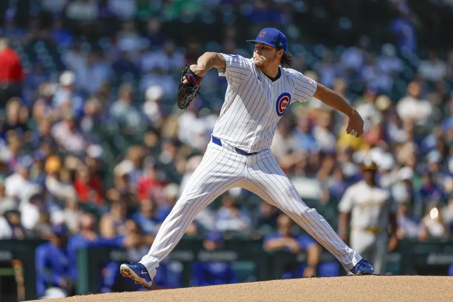 hicago Cubs starting pitcher Justin Steele (35) delivers a pitch against the Oakland Athletics during the first inning at Wrigley Field. 