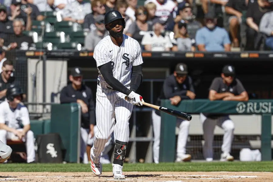 Chicago White Sox outfielder Luis Robert Jr. (88) reacts after striking out against the Los Angeles Angels during the third inning at Guaranteed Rate Field.