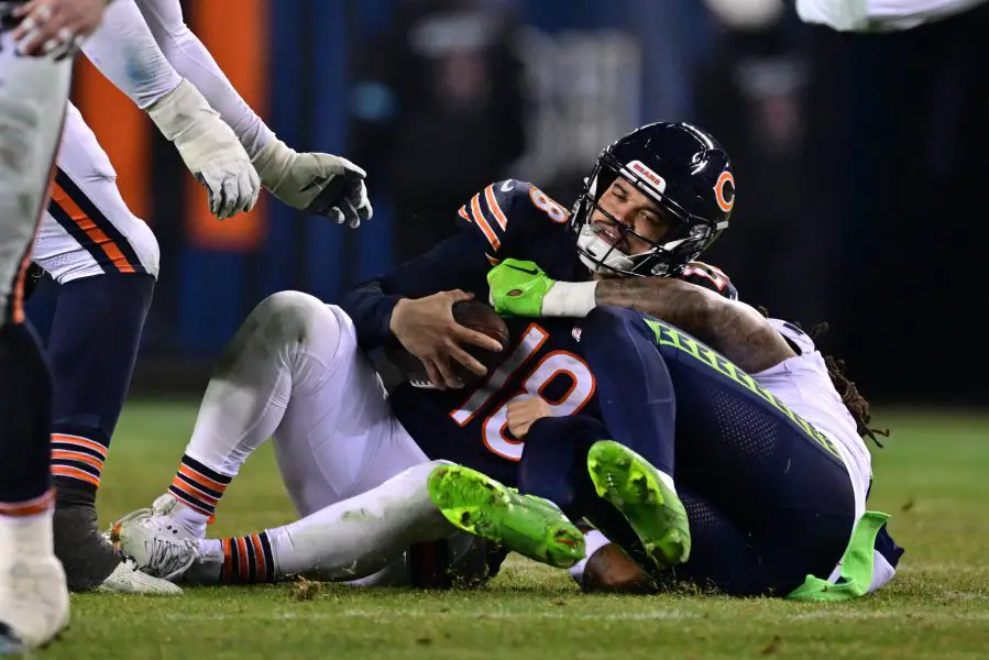 Chicago Bears Caleb Williams getting sacked