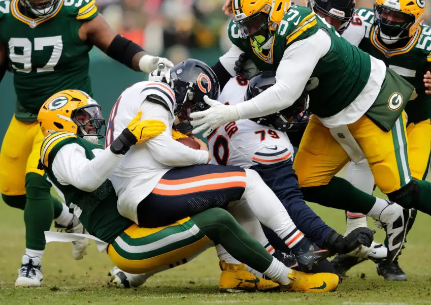 Chicago Bears Caleb Williams getting sacked 