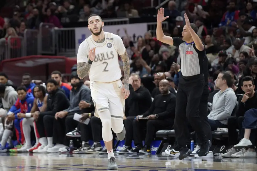 Chicago Bulls guard Lonzo Ball (2) gestures after makingg a three point basket against the Philadelphia 76ers during the second half at United Center.