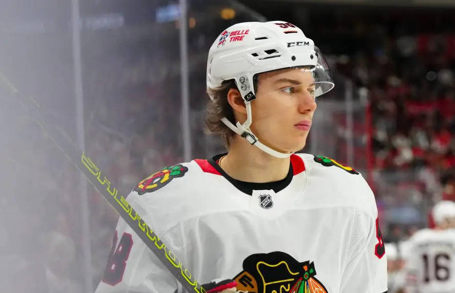 Chicago Blackhawks center Connor Bedard (98) looks on against the Carolina Hurricanes during the second period at Lenovo Center.