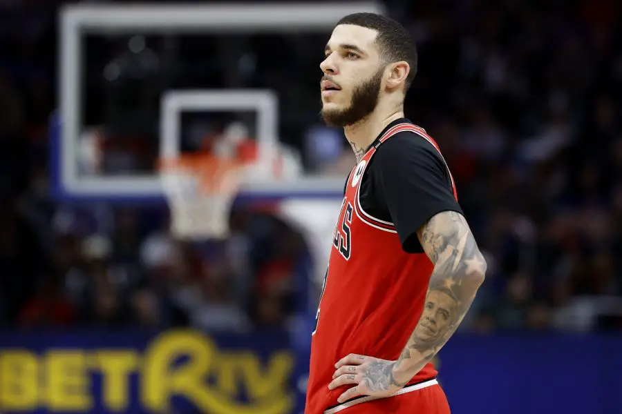  Chicago Bulls guard Lonzo Ball (2) looks on in the second half against the Detroit Pistons at Little Caesars Arena.