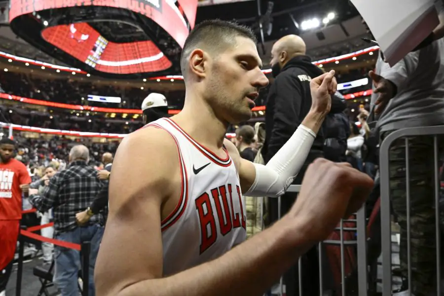 Chicago Bulls center Nikola Vucevic (9) leaves the court after the game against the Miami Heat at United Center. 