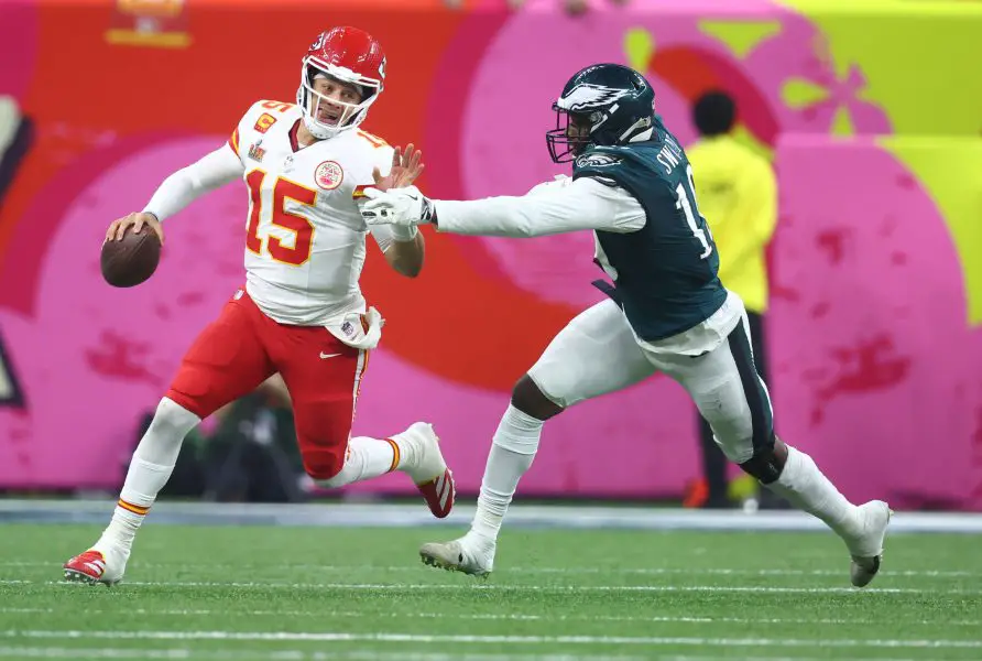 Philadelphia Eagles pass rusher Josh Sweat tackles Patrick Mahomes in the Super Bowl - Credit: Mark J. Rebilas-Imagn Images