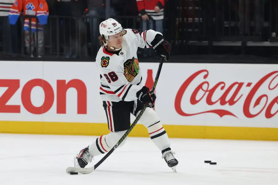  Chicago Blackhawks center Connor Bedard (98) warms up before a game against the Utah Hockey Club at Delta Center.