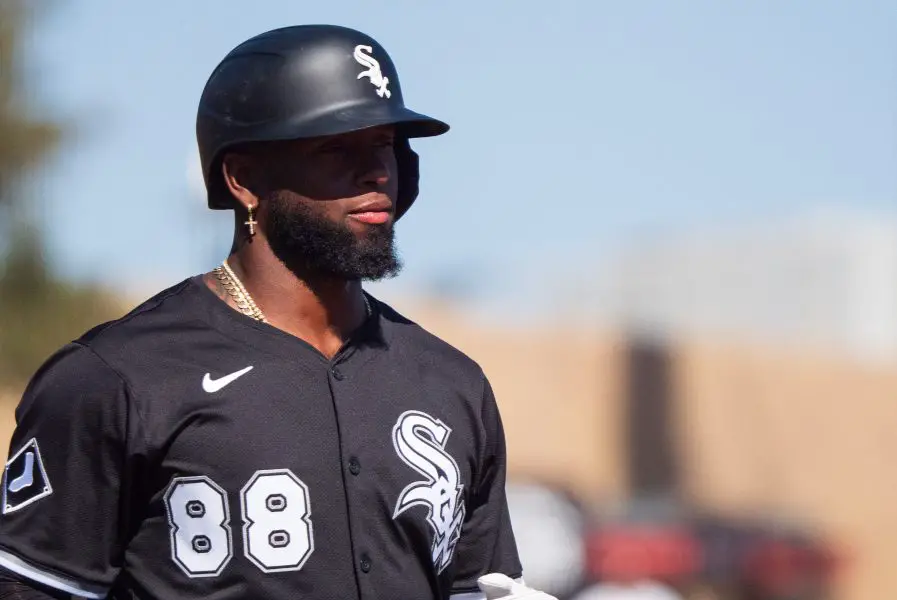 Chicago White Sox outfielder Luis Robert Jr. (88) reacts after his at bat in the fourth inning during a spring training game against the San Diego Padres at Camelback Ranch