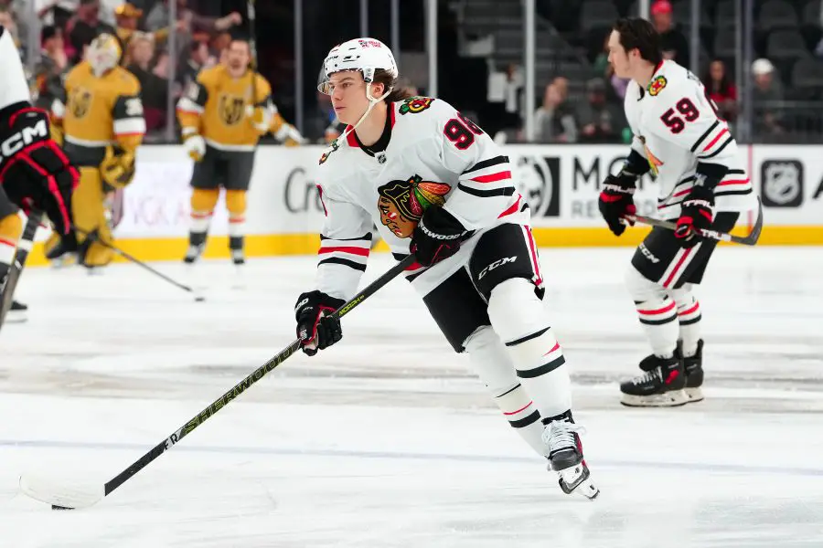 Chicago Blackhawks center Connor Bedard (98) warms up before a game against the Vegas Golden Knights at T-Mobile Arena. 