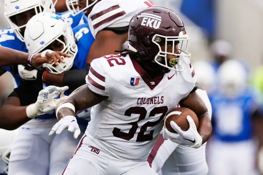 Eastern Kentucky Colonels running back Joshua Carter (32) carries the ball during the second quarter against the Kentucky Wildcats at Kroger Field. Mandatory 