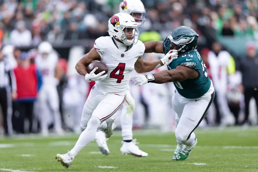 Arizona Cardinals wide receiver Rondale Moore (4) and Philadelphia Eagles defensive end Brandon Graham (55) in action during the second quarter at Lincoln Financial Field. 