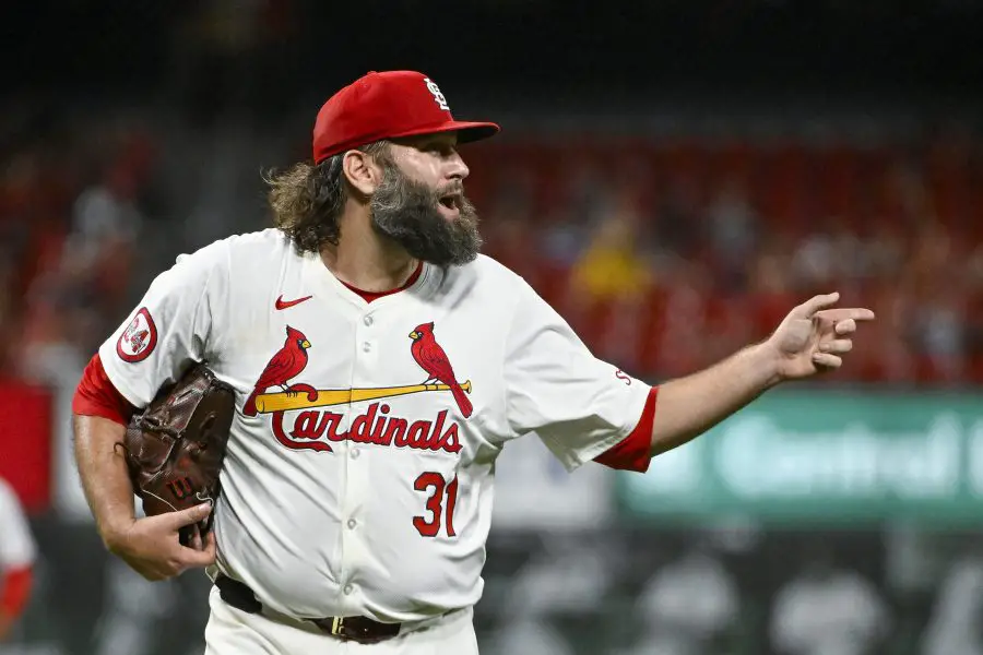 St. Louis Cardinals starting pitcher Lance Lynn (31) reacts as he walks off the field after the sixth inning against the Pittsburgh Pirates at Busch Stadium. 