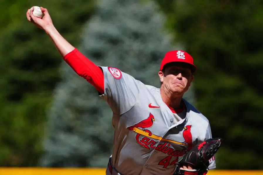  St. Louis Cardinals starting pitcher Kyle Gibson (44) delivers a pitch in the first inning against the Colorado Rockies at Coors Field. 