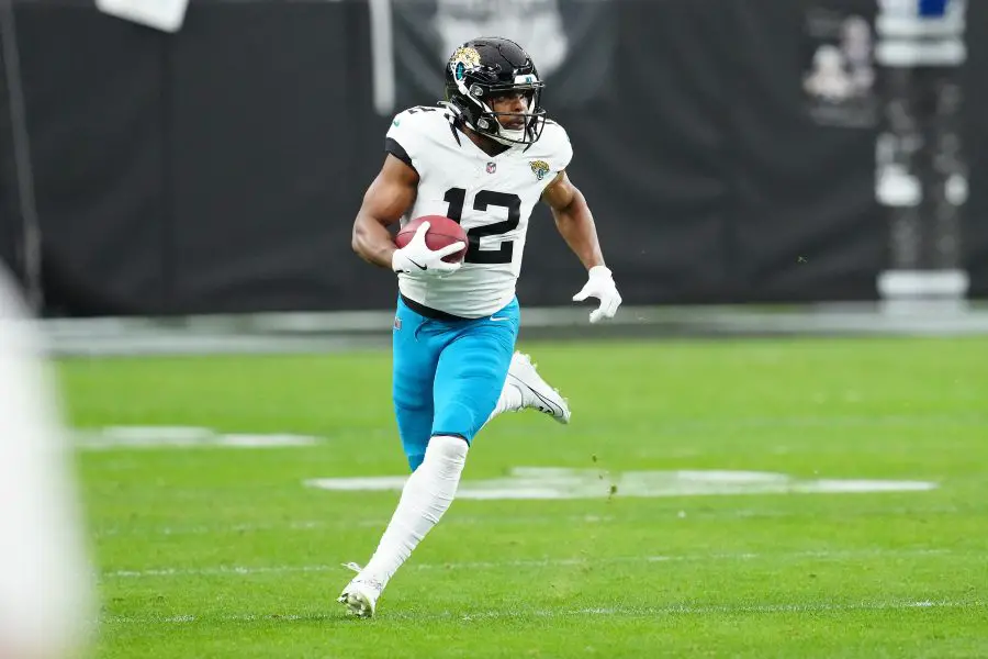 Jacksonville Jaguars wide receiver Devin Duvernay (12) returns a punt by the Las Vegas Raiders during the first quarter at Allegiant Stadium