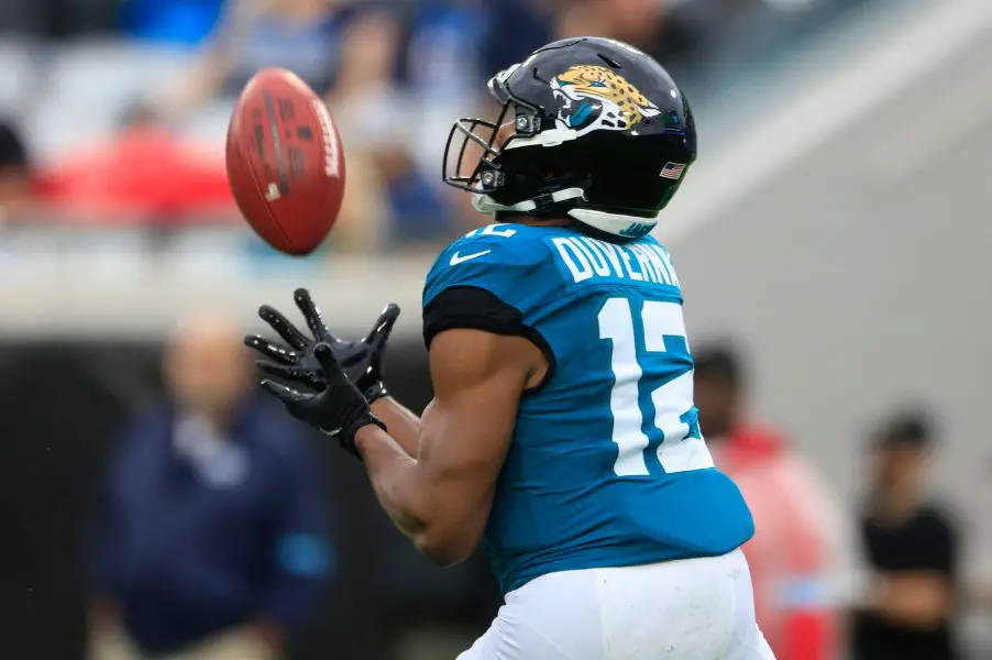 Jacksonville Jaguars wide receiver Devin Duvernay (12) fields a kickoff return during the third quarter Sunday, Dec. 29, 2024 at EverBank Stadium