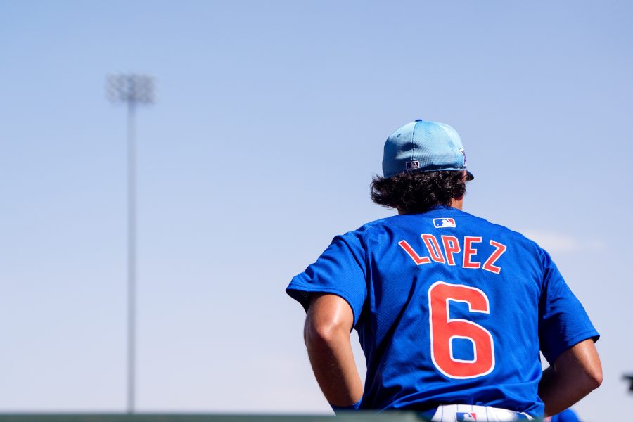 Chicago Cubs infielder Nicky Lopez (6) readies himself for the fifth inning of play during a spring training game against the Los Angeles Angels at Sloan Park