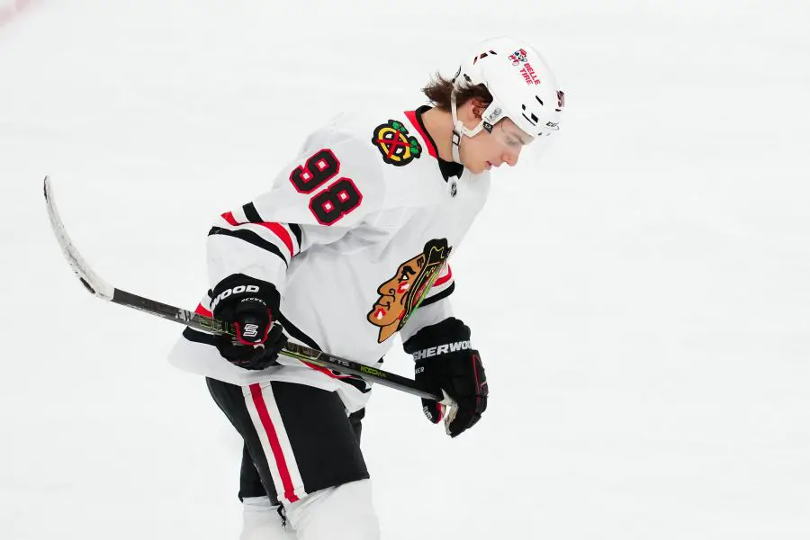 Chicago Blackhawks center Connor Bedard (98) reacts after the Blackhawks were defeated by the Vegas Golden Knights 7-5 at T-Mobile Arena.