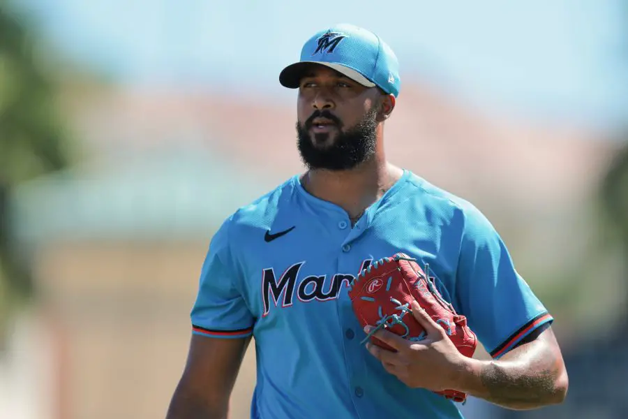 Miami Marlins starting pitcher Sandy Alcantara (22) looks on against the Atlanta Braves during the second inning at Roger Dean Chevrolet Stadium. 