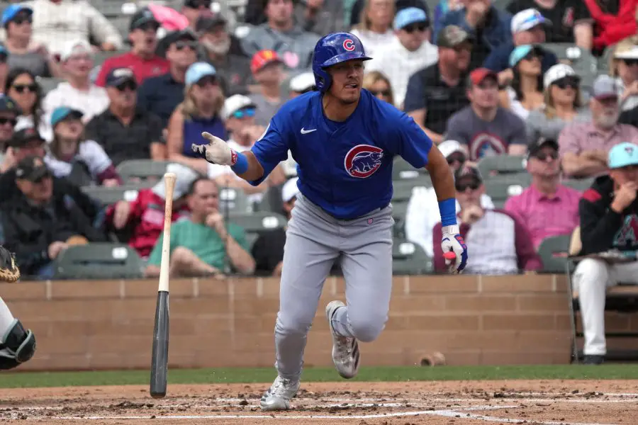 Chicago Cubs second baseman Nicky Lopez hits a double against the Arizona Diamondbacks in the second inning at Salt River Fields at Talking Stick.