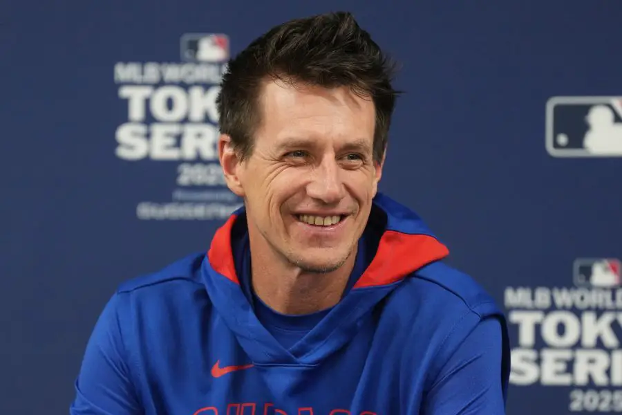 Chicago Cubs manager Craig Counsell (11) talks to media members before the game against the Yomiuri Giants at Tokyo Dome.