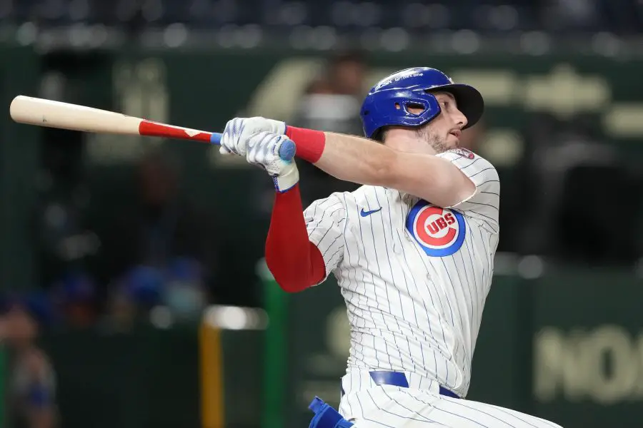 Chicago Cubs right fielder Kyle Tucker (30) bats against the Hanshin Tigers during the seventh inning at Tokyo Dome.