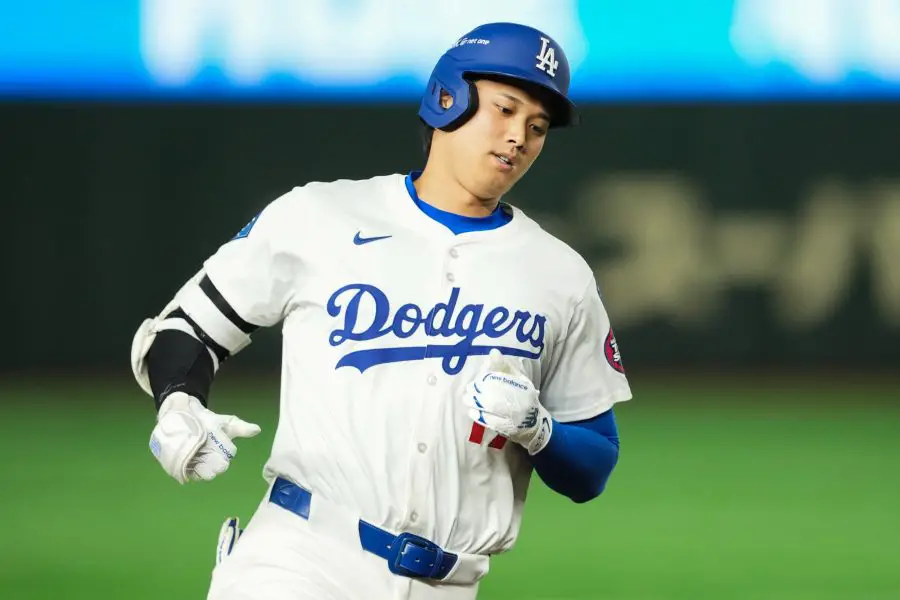 Los Angeles Dodgers designated hitter Shohei Ohtani (17) rounds the bases after hitting a home run during the fifth inning against the Chicago Cubs during the Tokyo Series at Tokyo Dome. 