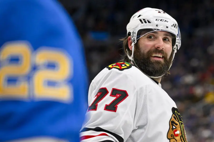 Chicago Blackhawks left wing Patrick Maroon (77) looks on during the third period against the St. Louis Blues at Enterprise Center. 