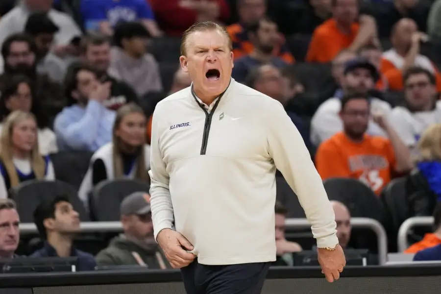 Illini head coach Brad Underwood reacts during the first half in the second round of the NCAA Tournament against the Kentucky Wildcats at Fiserv Forum. 