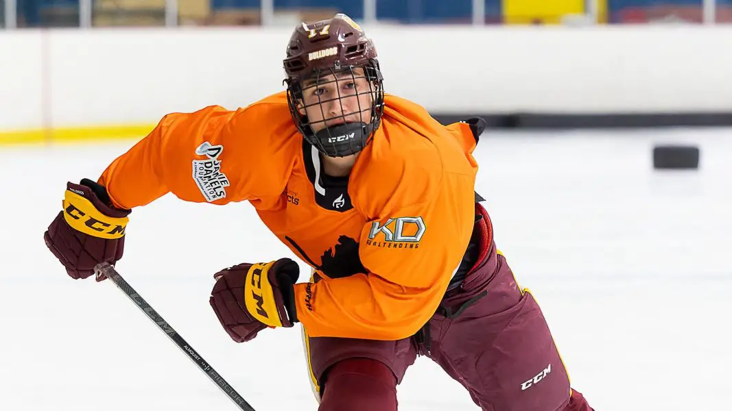 Dominic James of the University of Minnesota-Duluth won the fastest skater competition at the Made in Michigan Hockey League All-Star Skill Contest on Wednesday, 